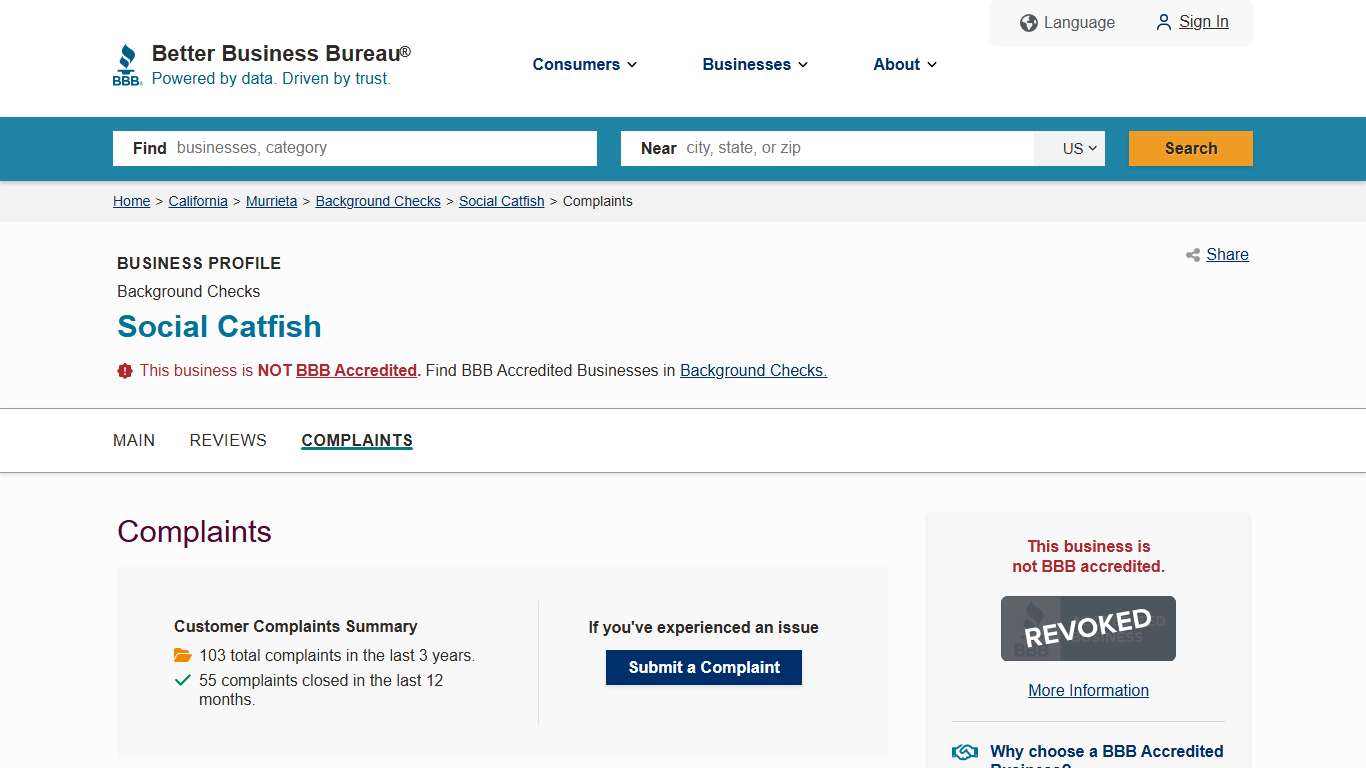 Social Catfish | BBB Complaints | Better Business Bureau